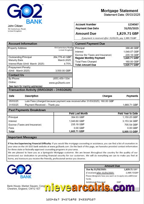 United Kingdom GO2 bank mortgage statement